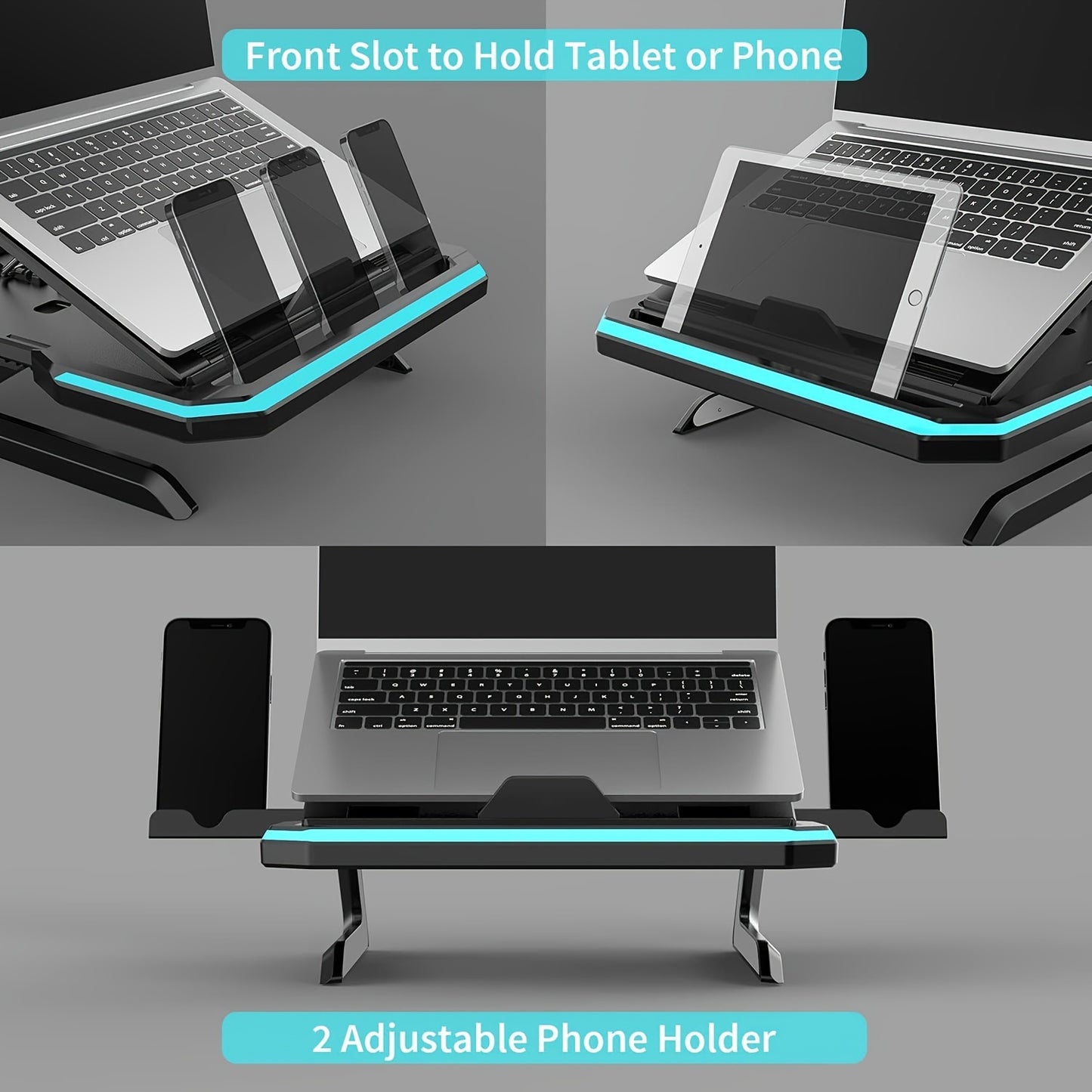 GlowLift Duo™ RGB Laptop Stand — w/ Dual Phone Holders & Adjustable Height