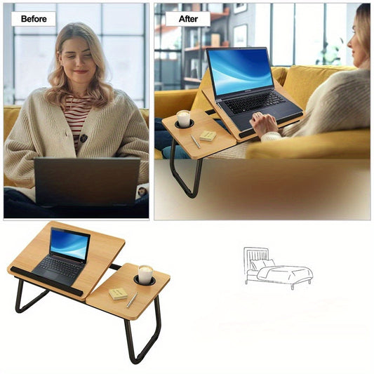5-Level Adjustable Folding Table Laptop Stand with Cup Holder and Slot Design
