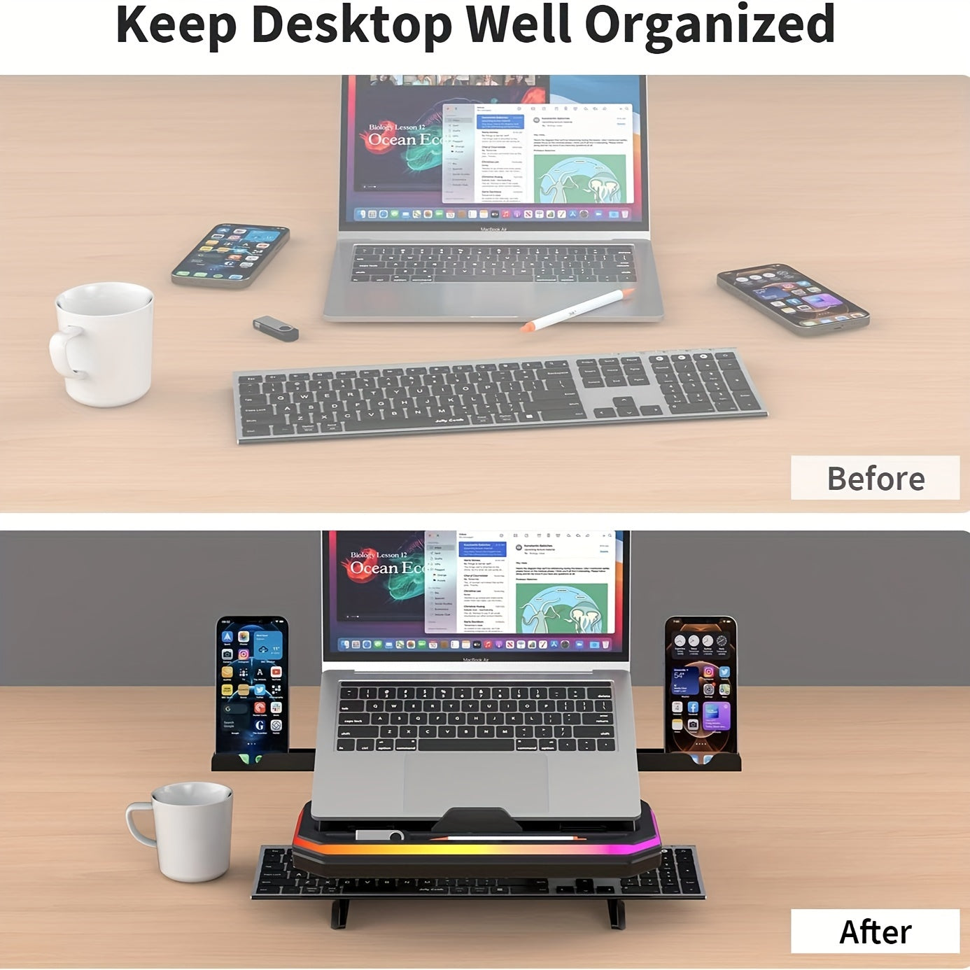 GlowLift Duo™ RGB Laptop Stand — w/ Dual Phone Holders & Adjustable Height
