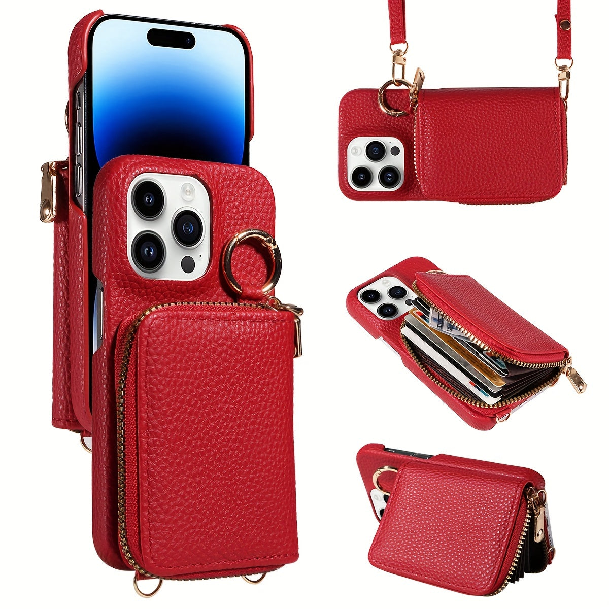 LuxeZip™ Leather Phone Case – Zipper Wallet, Card Holder & Lanyard Strap for iPhone (Anti-Drop, On-the-Go Chic)