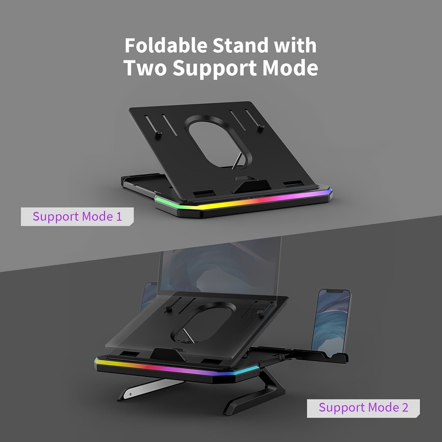 GlowLift Duo™ RGB Laptop Stand — w/ Dual Phone Holders & Adjustable Height