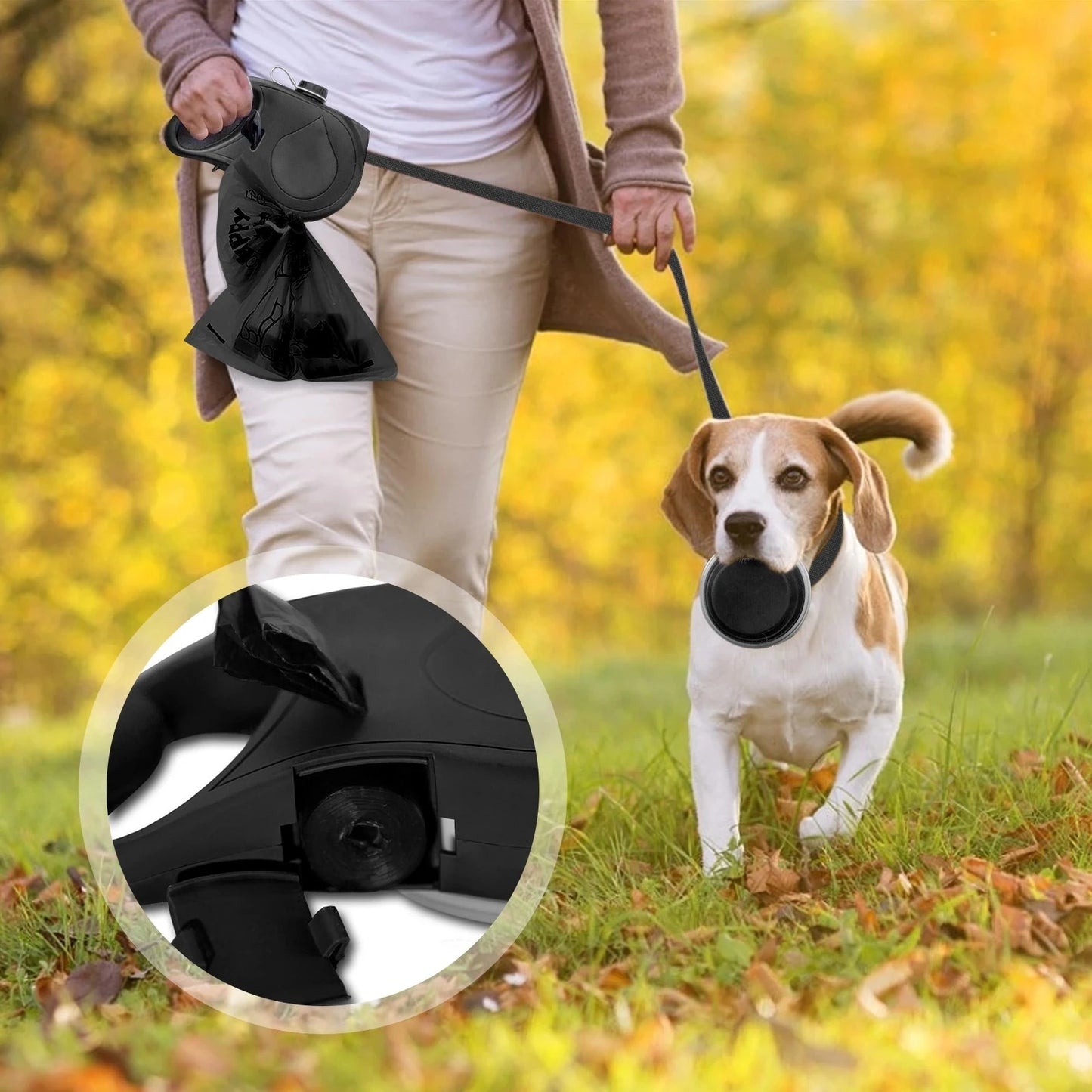 4-in-1 Pet Leash For Walking – Water, Bowl & Waste Bag Ready