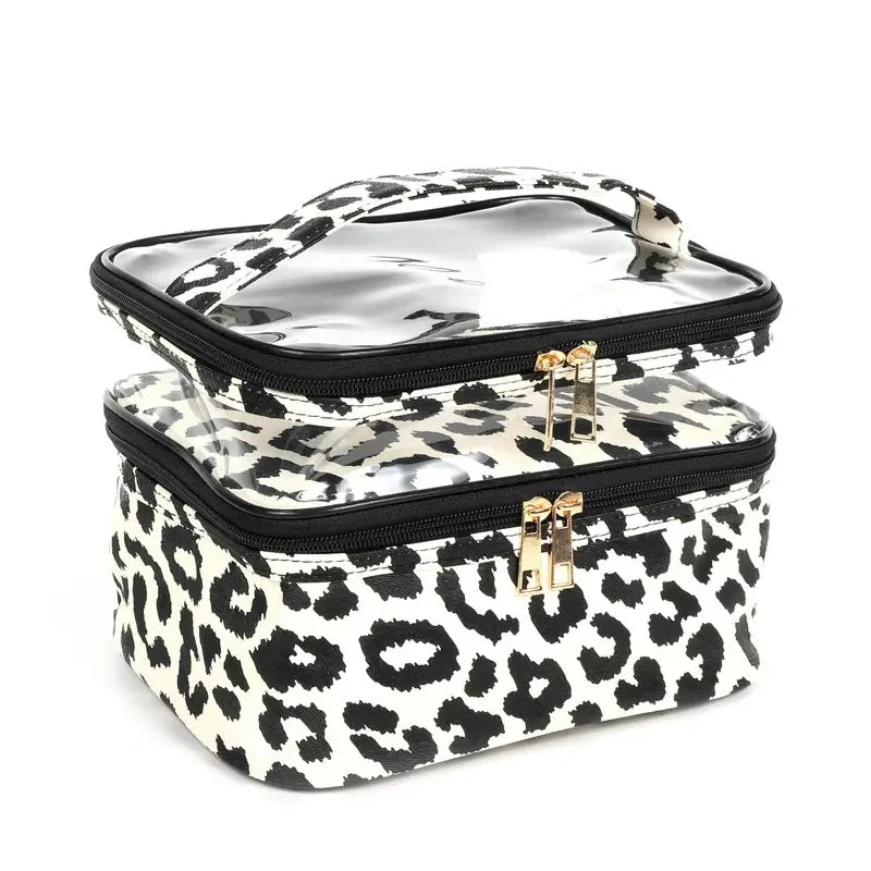 Savara Luxe Leopard Double-Layer Makeup Case – Transparent & Waterproof Travel Organizer