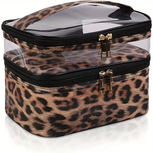 Savara Luxe Leopard Double-Layer Makeup Case – Transparent & Waterproof Travel Organizer
