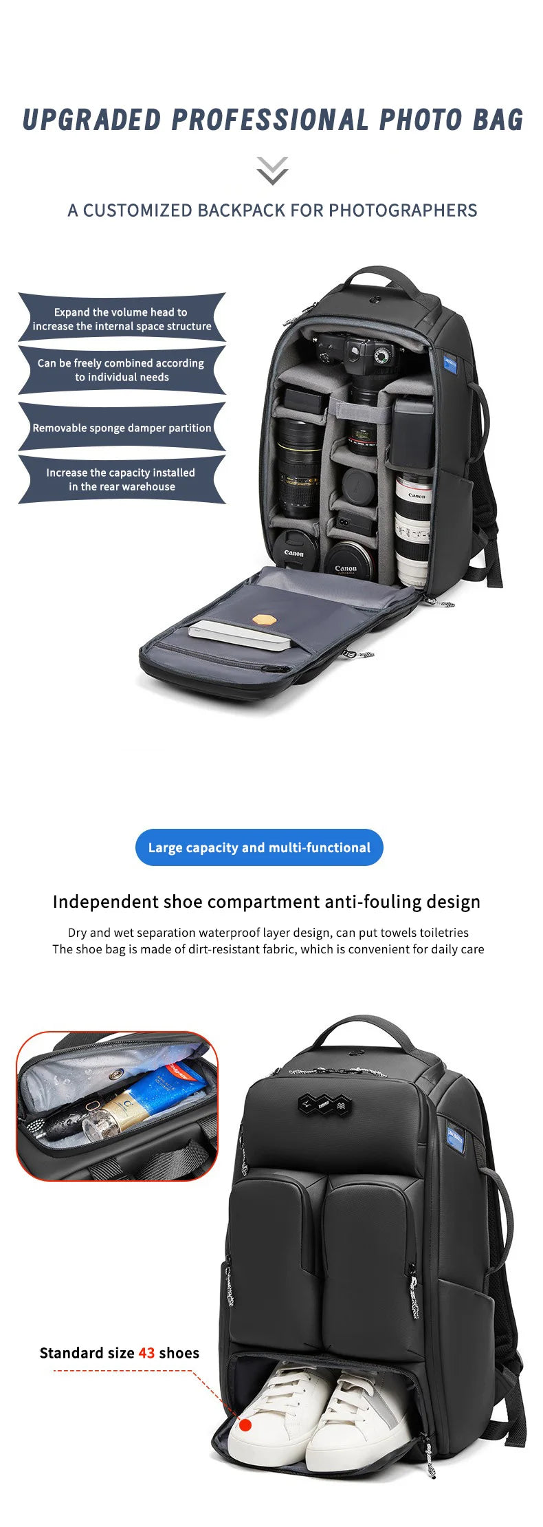 CaptureCore⢠Waterproof Photo Pack - Large Capacity Waterproof Camera Backpack for Photography
