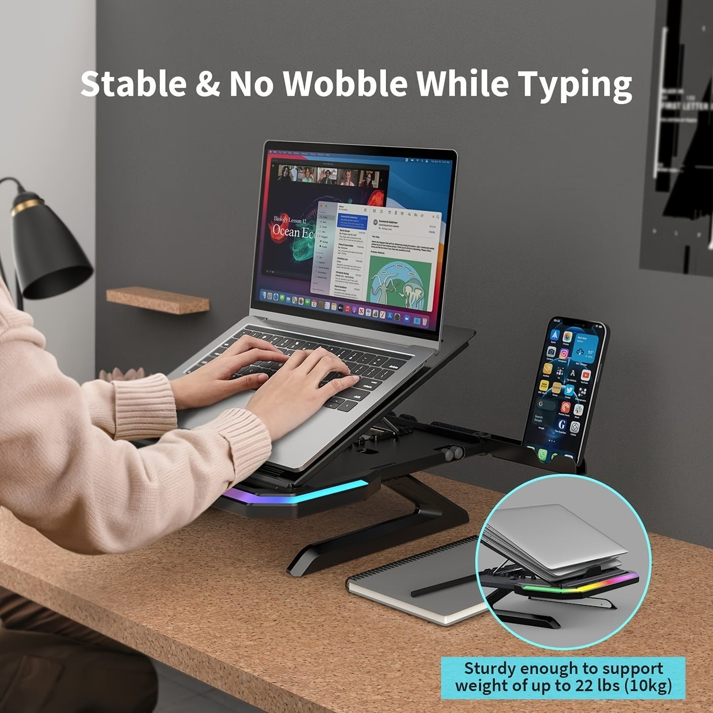 GlowLift Duo™ RGB Laptop Stand — w/ Dual Phone Holders & Adjustable Height