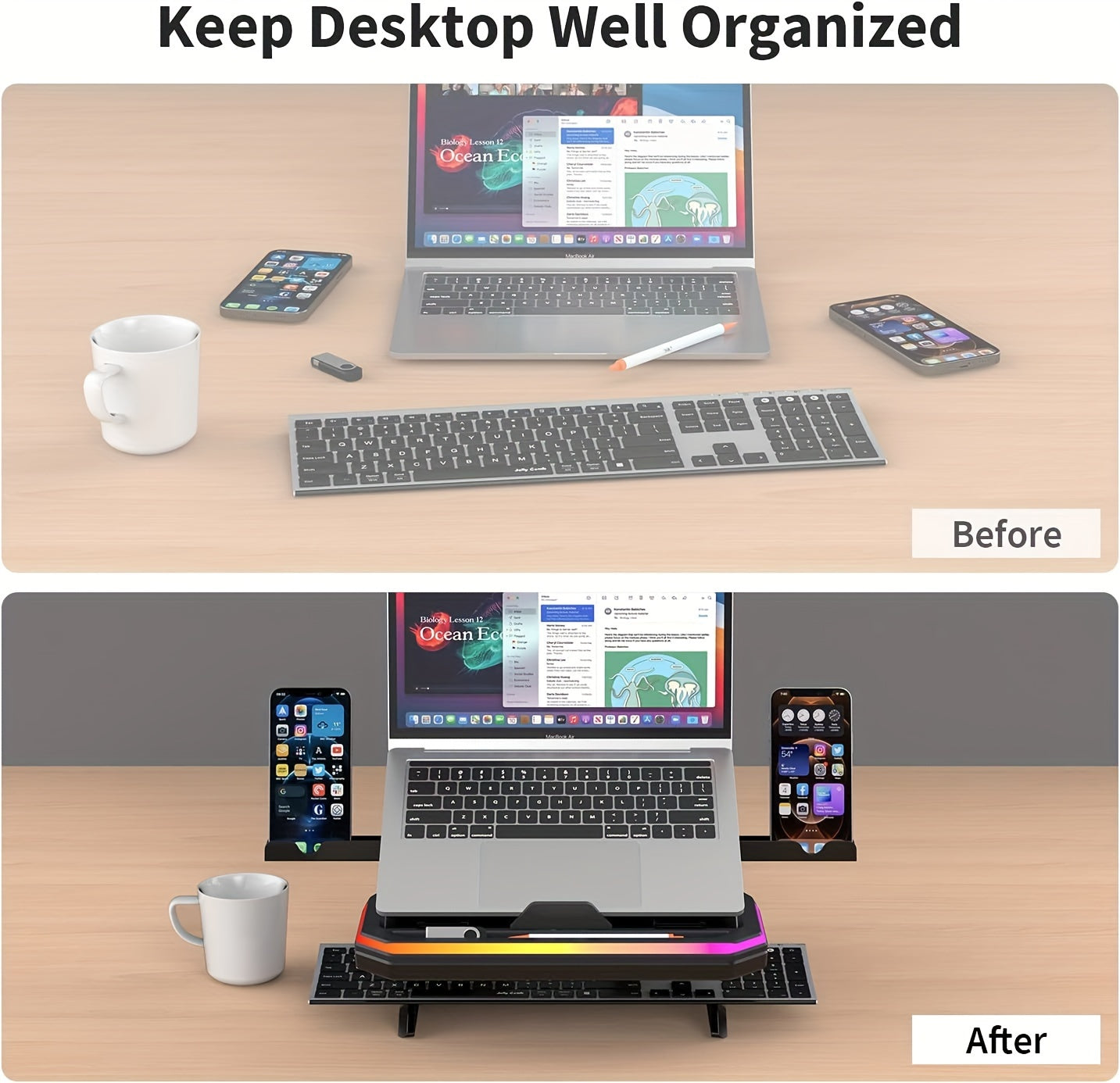 GlowLift Duo™ RGB Laptop Stand — w/ Dual Phone Holders & Adjustable Height