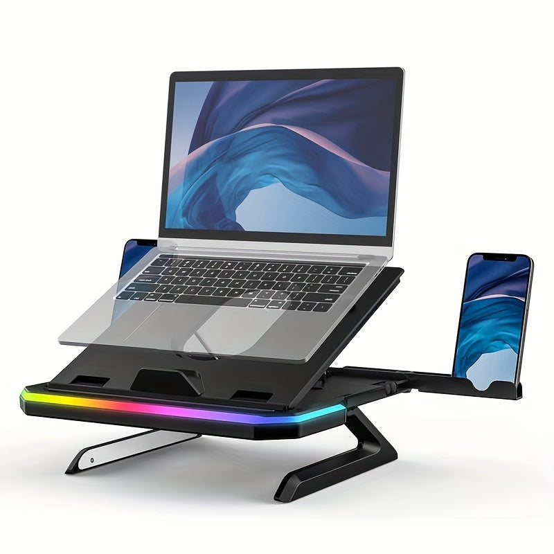 GlowLift Duo™ RGB Laptop Stand — w/ Dual Phone Holders & Adjustable Height