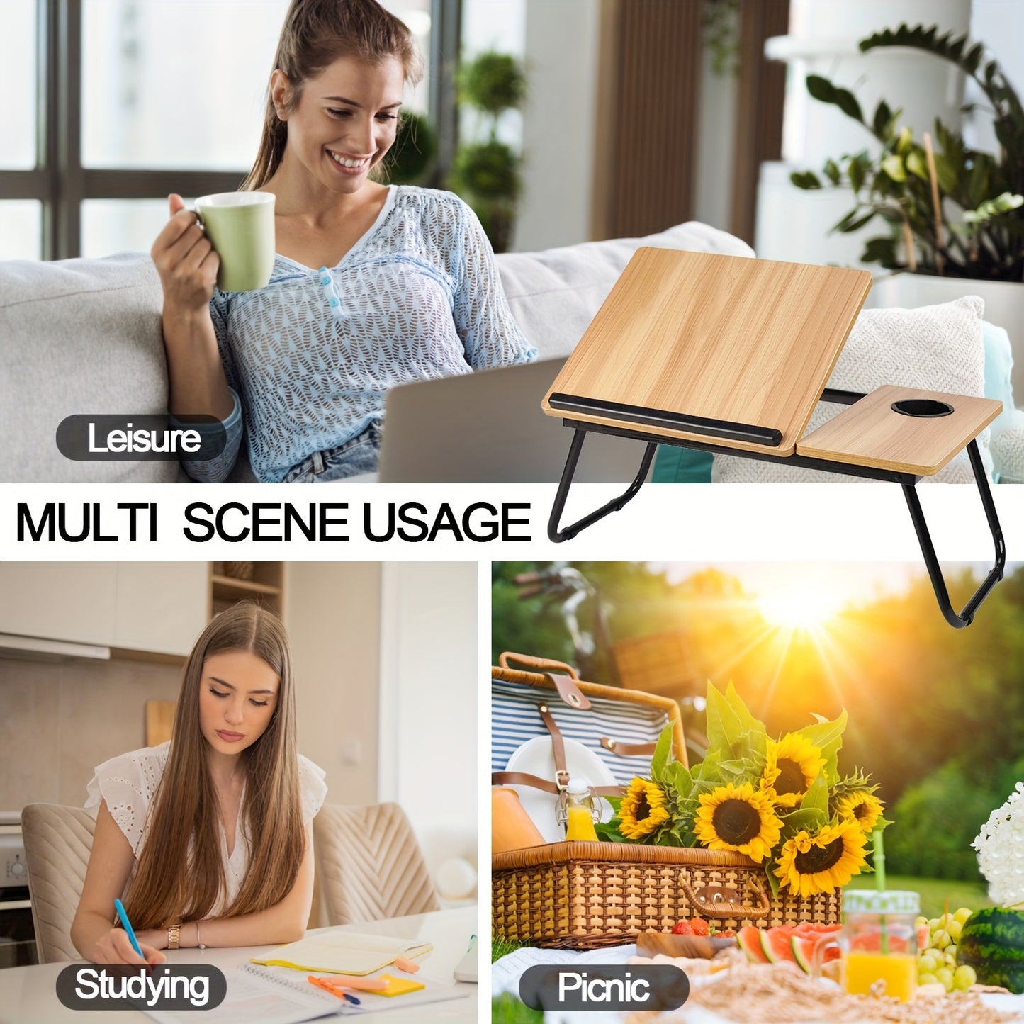 5-Level Adjustable Folding Table Laptop Stand with Cup Holder and Slot Design