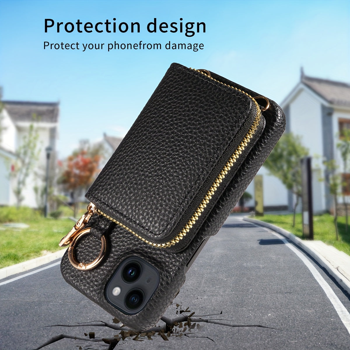 LuxeZip™ Leather Phone Case – Zipper Wallet, Card Holder & Lanyard Strap for iPhone (Anti-Drop, On-the-Go Chic)
