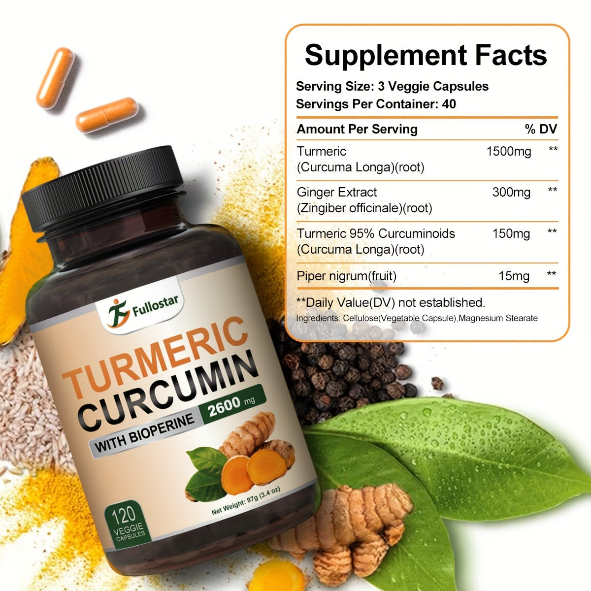 120 High-Quality Turmeric Supplements - 95% Curcumin Extract, Bio Dried Tangerine Peel, Black Pepper for Enhanced Absorption, Maximum Strength Formula and Optimal Bioavailability for a Healthy Lifes