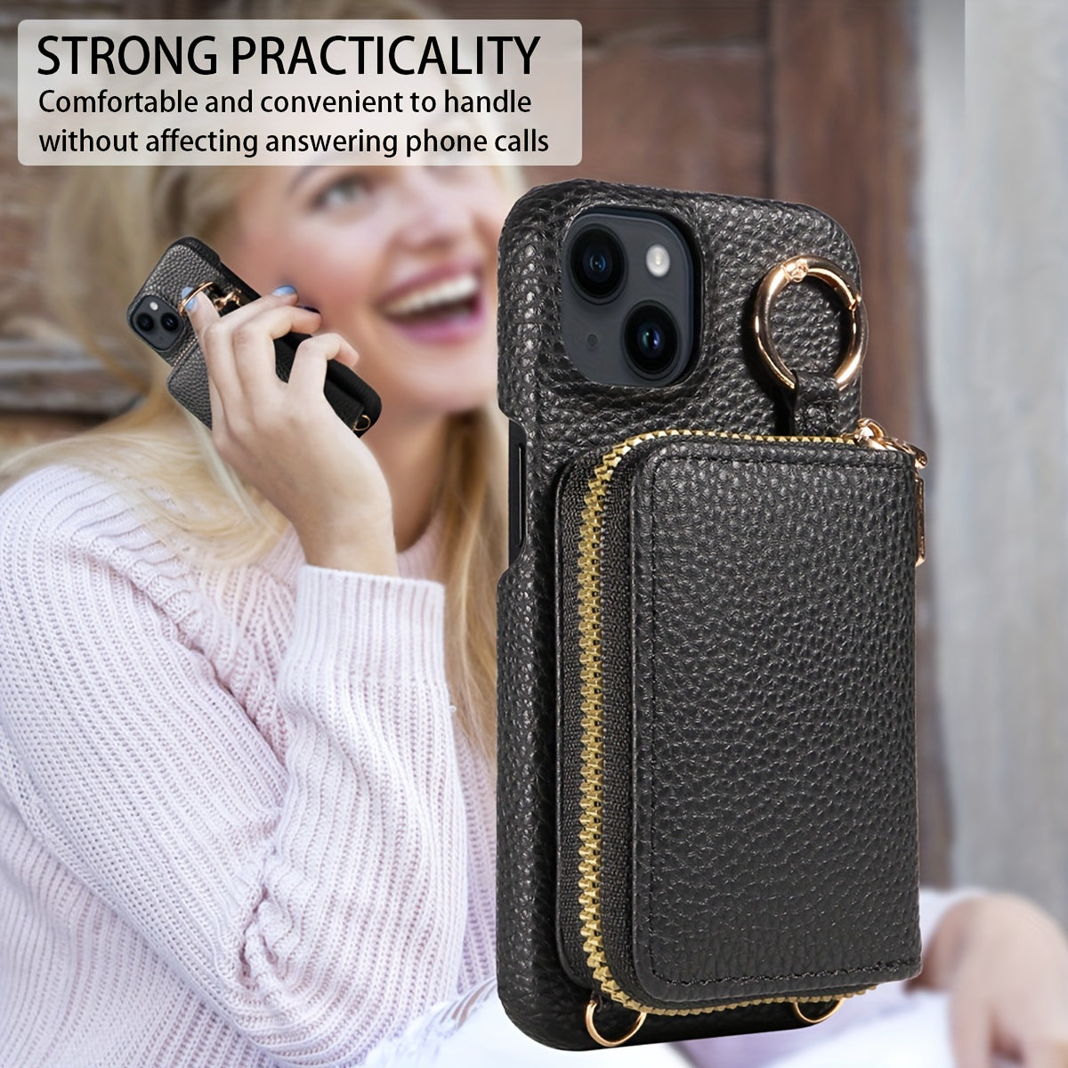 LuxeZip™ Leather Phone Case – Zipper Wallet, Card Holder & Lanyard Strap for iPhone (Anti-Drop, On-the-Go Chic)
