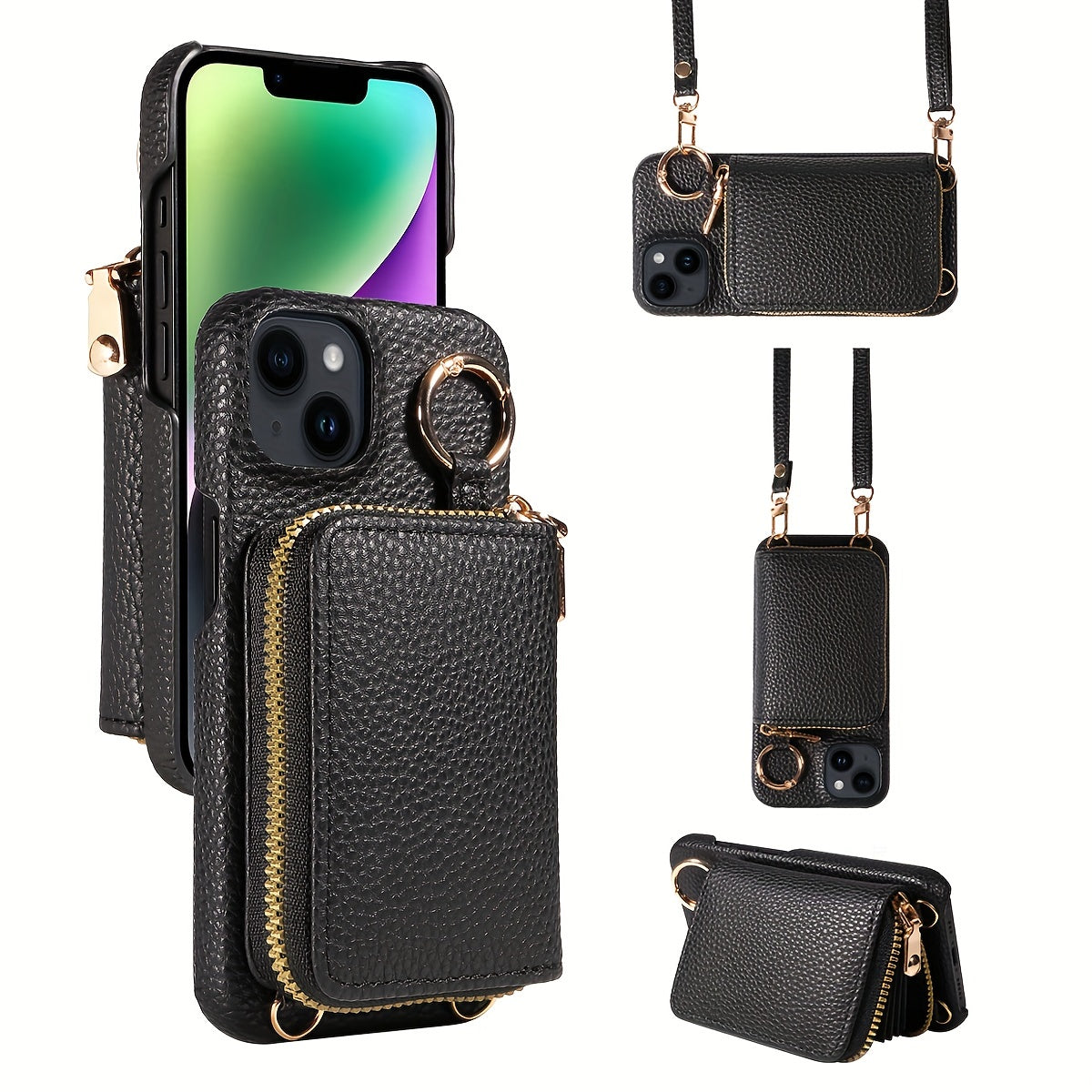 LuxeZip™ Leather Phone Case – Zipper Wallet, Card Holder & Lanyard Strap for iPhone (Anti-Drop, On-the-Go Chic)