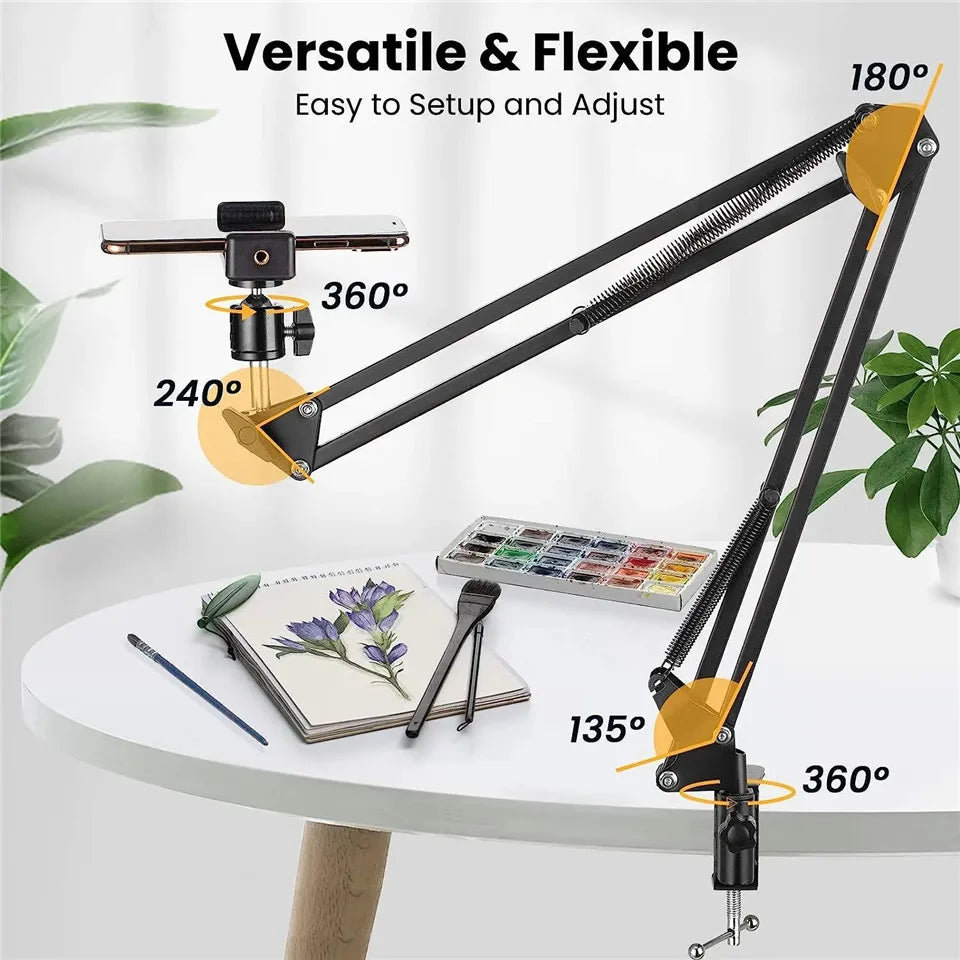 FlexiFrame™ Flexible Arm Phone Tripod – Foldable Desktop Stand for Overhead Shots, Live Streaming & Creative Content