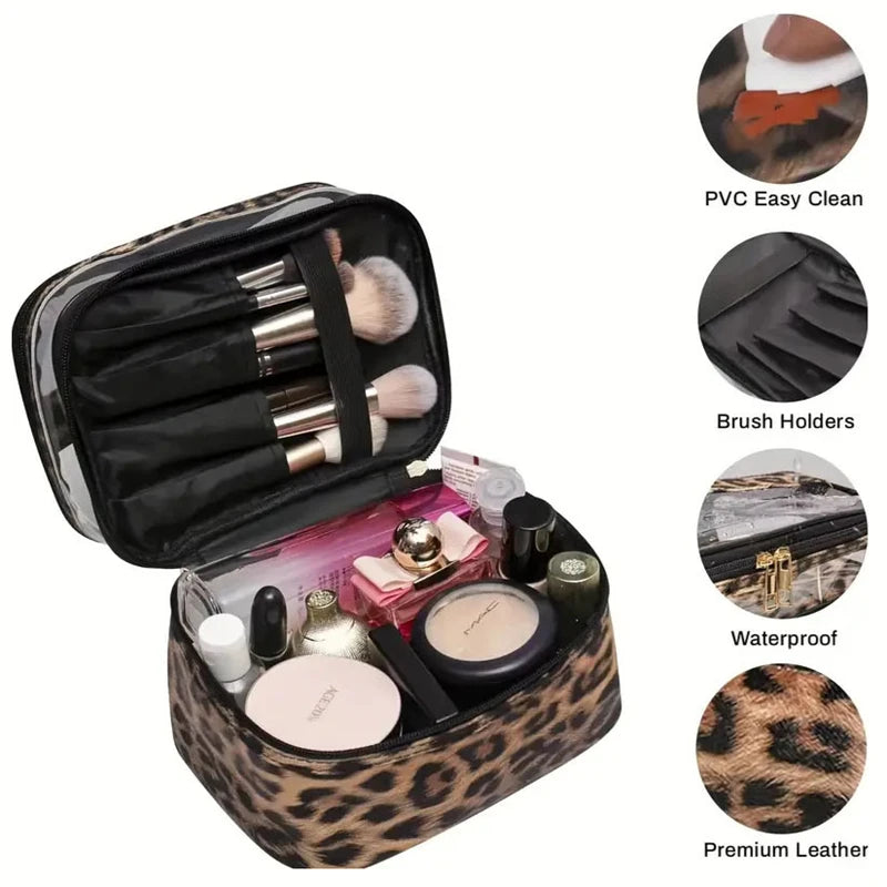 Savara Luxe Leopard Double-Layer Makeup Case – Transparent & Waterproof Travel Organizer