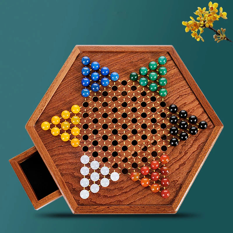 Solid Wood Checkers Set - Agate Marble Checkers - Glass Ball Pachisi