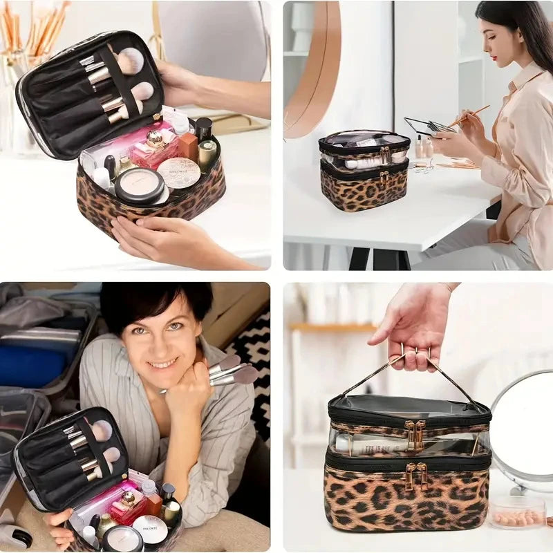 Savara Luxe Leopard Double-Layer Makeup Case – Transparent & Waterproof Travel Organizer
