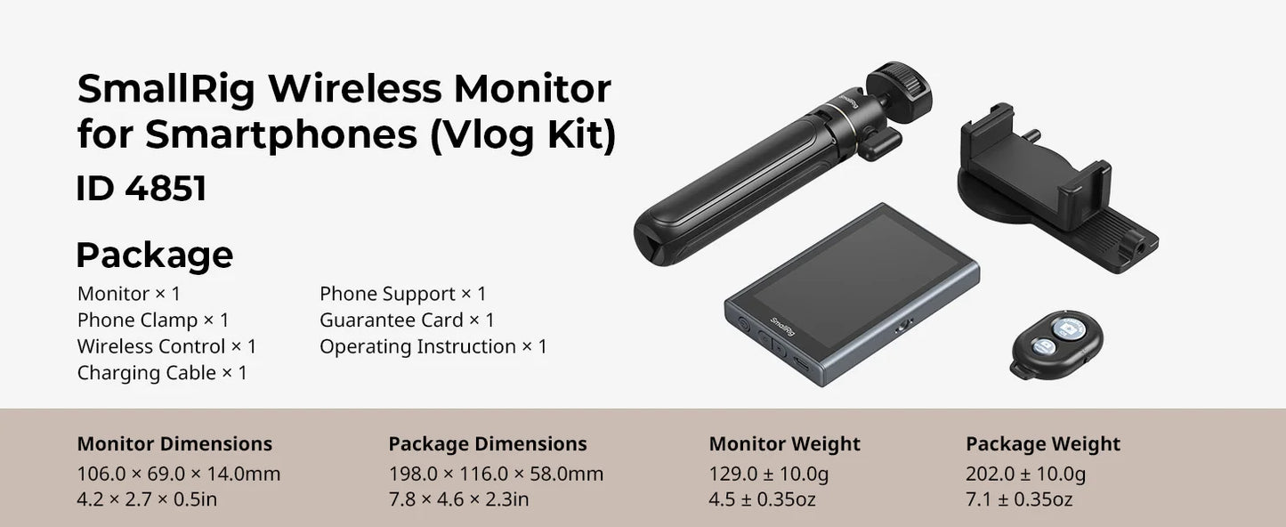 SmallRig Wireless Video Monitor for Phone Vlog Kit with Remote Control 1500mAh Battery
