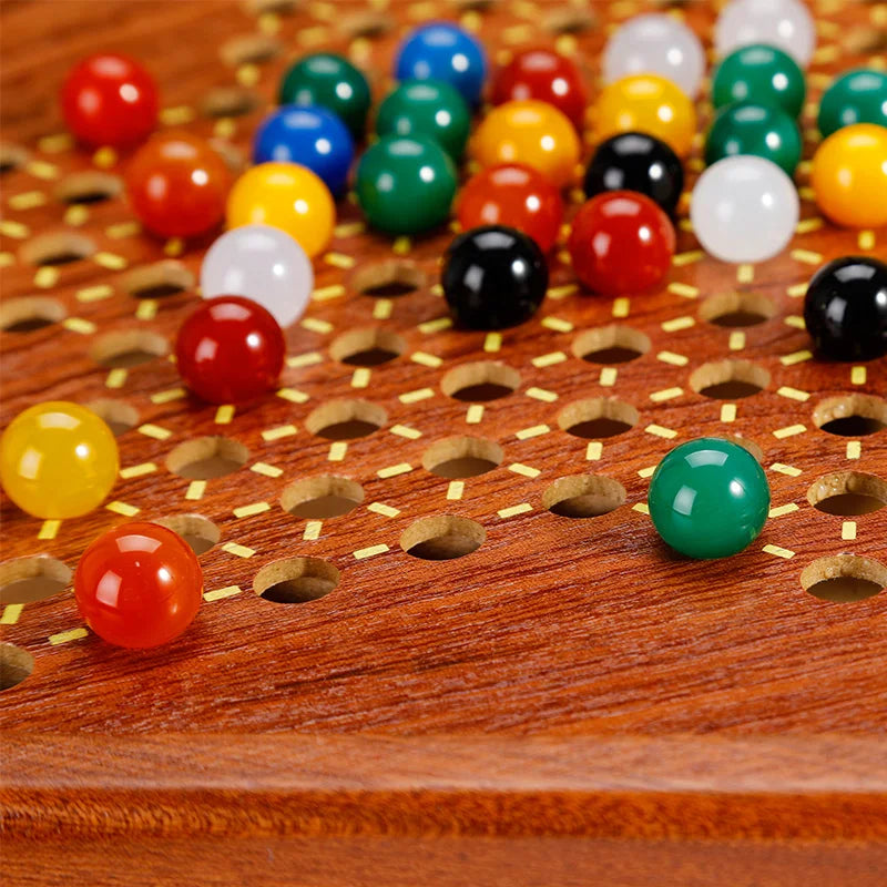 Solid Wood Checkers Set - Agate Marble Checkers - Glass Ball Pachisi