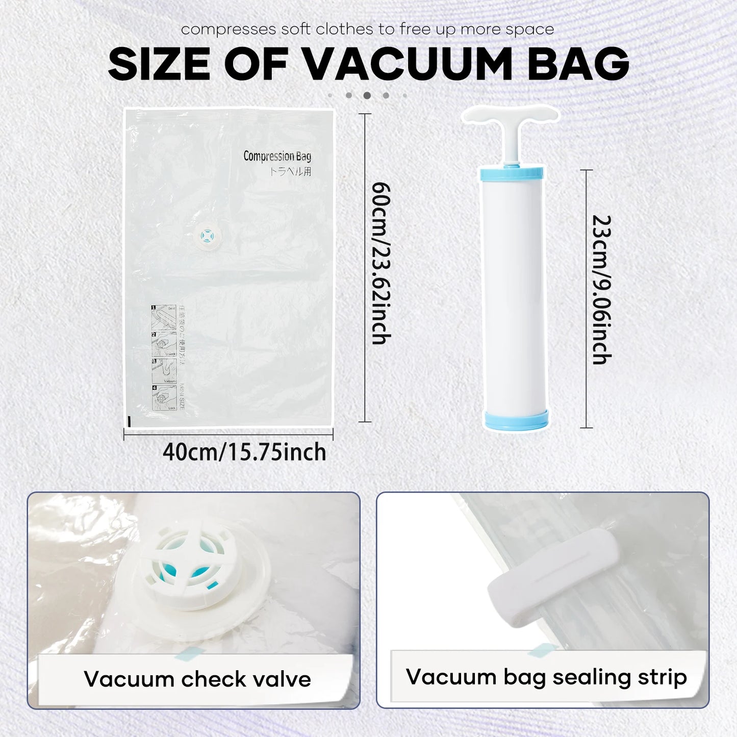 Travel Vacuum Compression Bags with Hand Pump – Carry-On Approved (40x30x20cm)