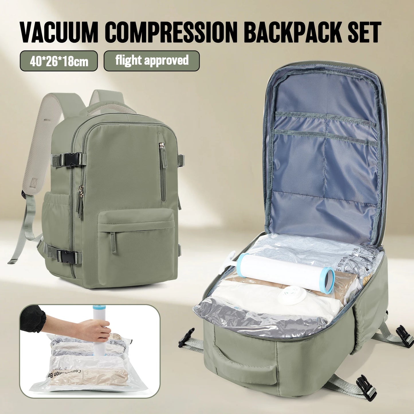 Travel Vacuum Compression Bags with Hand Pump – Carry-On Approved (40x30x20cm)