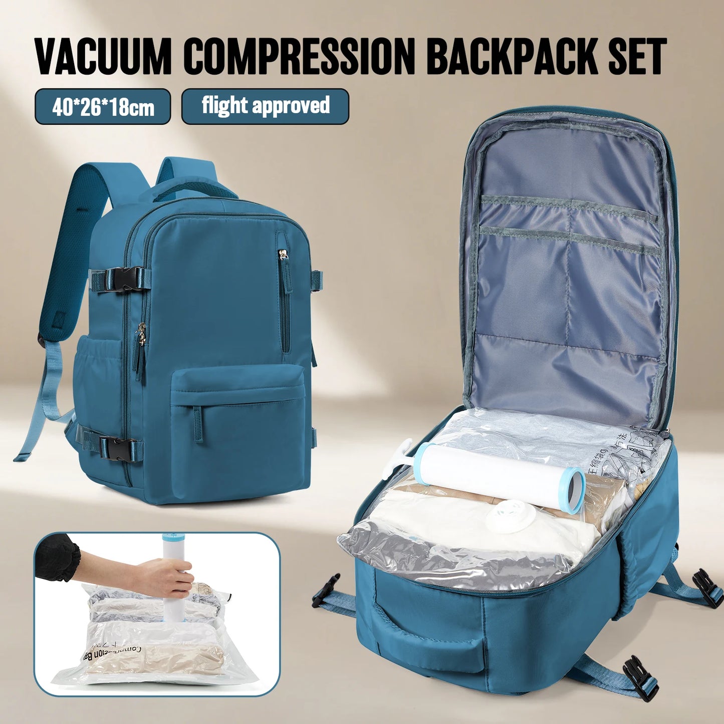 Travel Vacuum Compression Bags with Hand Pump – Carry-On Approved (40x30x20cm)