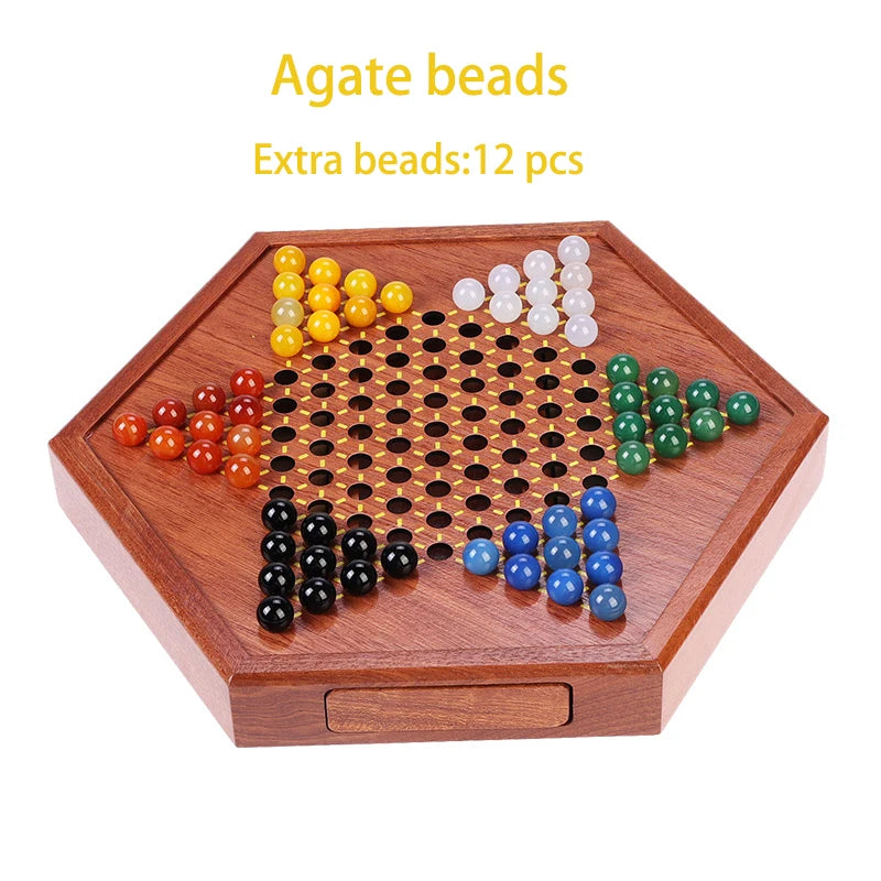 Solid Wood Checkers Set - Agate Marble Checkers - Glass Ball Pachisi