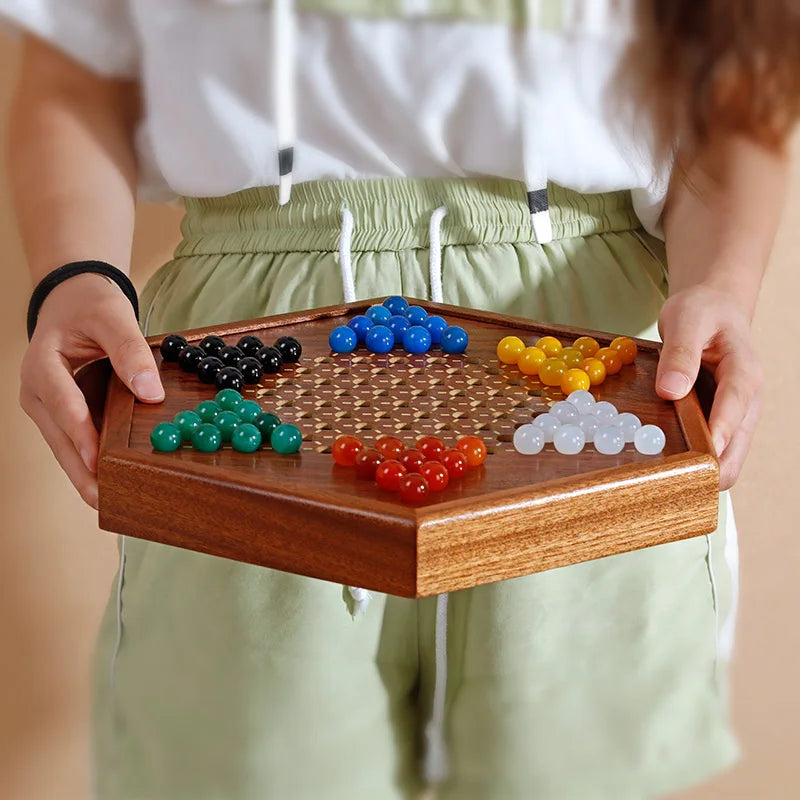 Solid Wood Checkers Set - Agate Marble Checkers - Glass Ball Pachisi