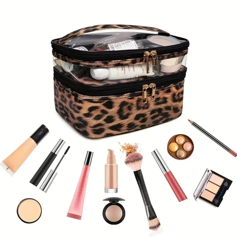 Savara Luxe Leopard Double-Layer Makeup Case – Transparent & Waterproof Travel Organizer