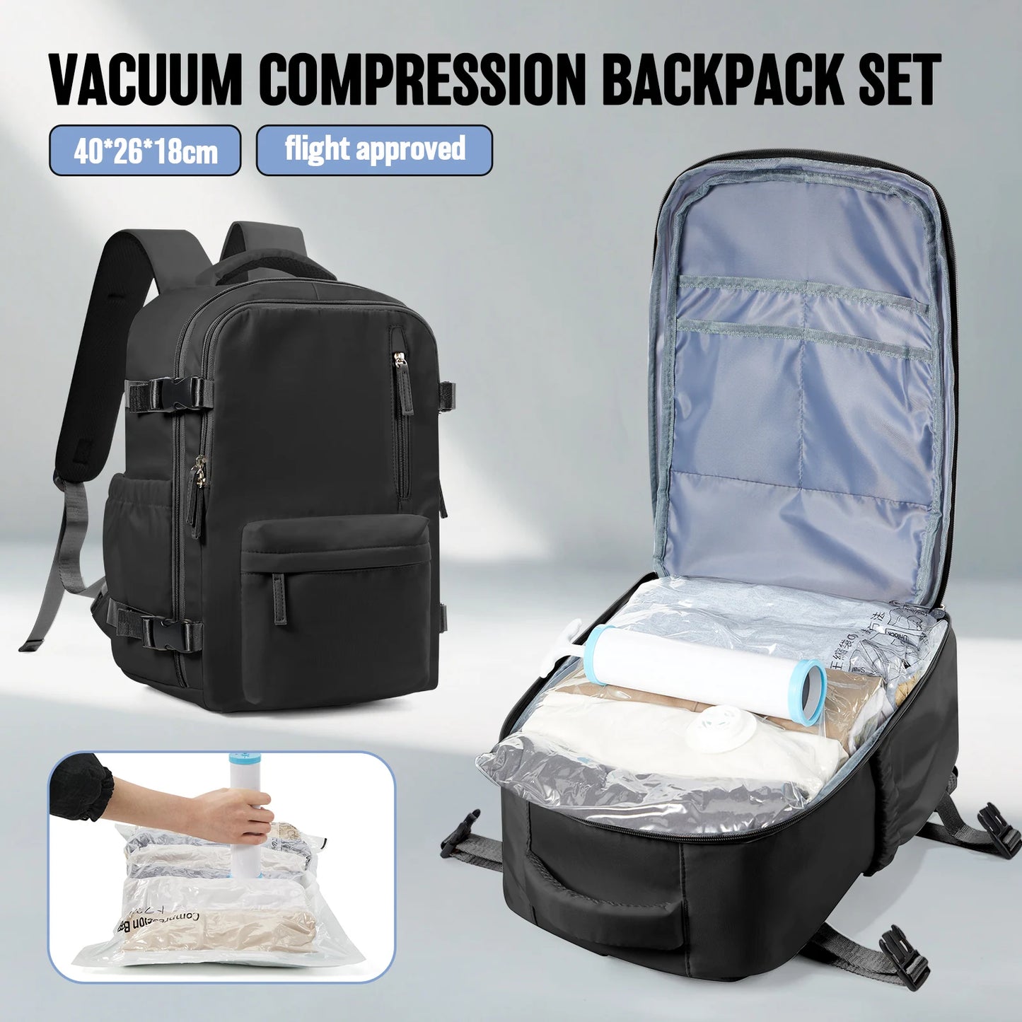 Travel Vacuum Compression Bags with Hand Pump – Carry-On Approved (40x30x20cm)
