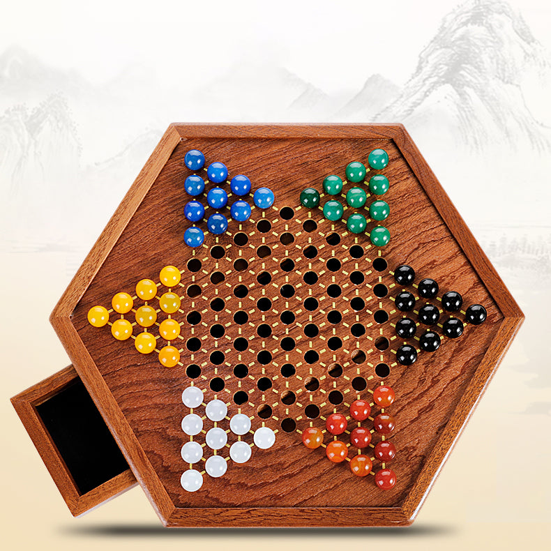 Solid Wood Checkers Set - Agate Marble Checkers - Glass Ball Pachisi